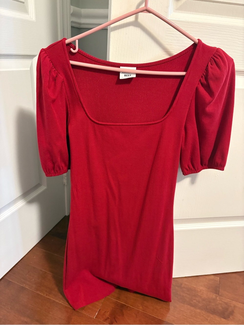 Sunday Best Red Ribbed Mini Dress with Puff Sleeves